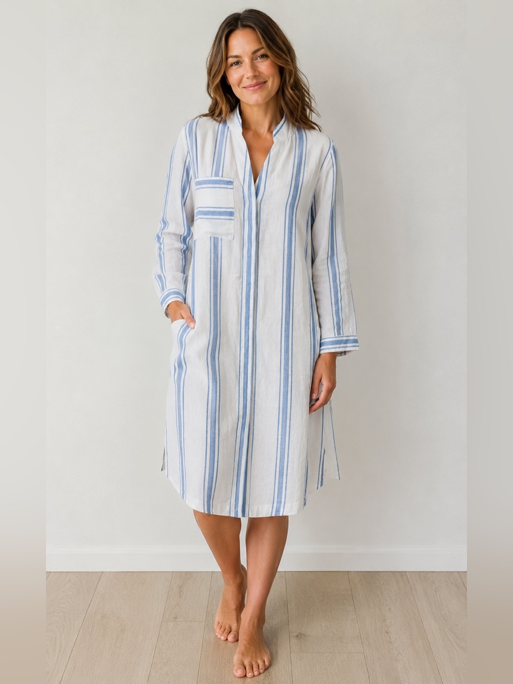 Soft Surroundings Linen White and Blue Striped Tunic Dress